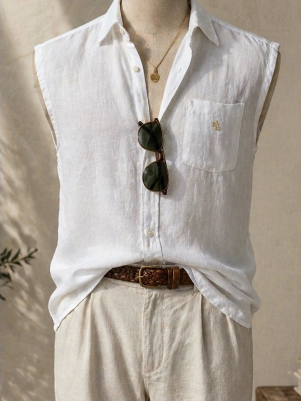 Ralph Lauren Sleeveless White Button-Down Linen Shirt